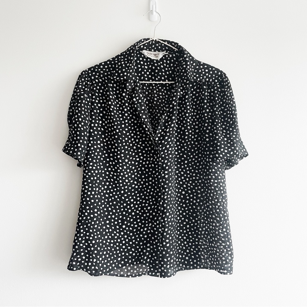 Vintage Sheer Button-up Short Puff Sleeve Blouse
